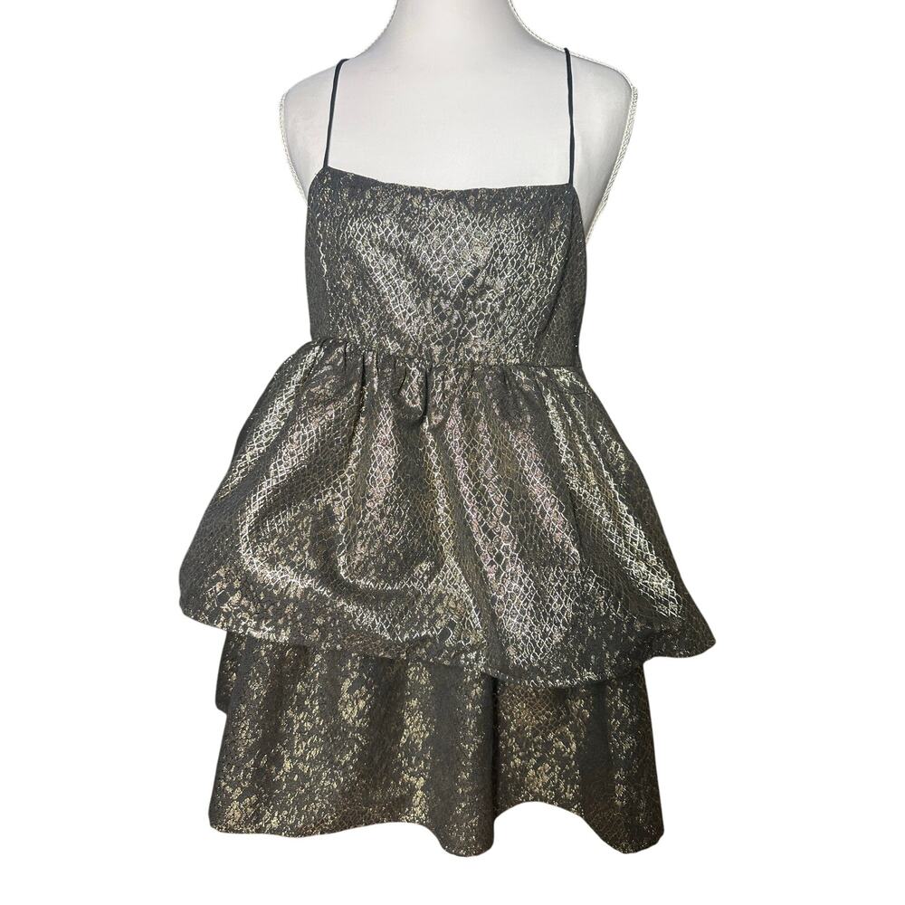 Urban Outfitters Snakeskin Black Gold Small Petite Ruffle Holiday Party Dress